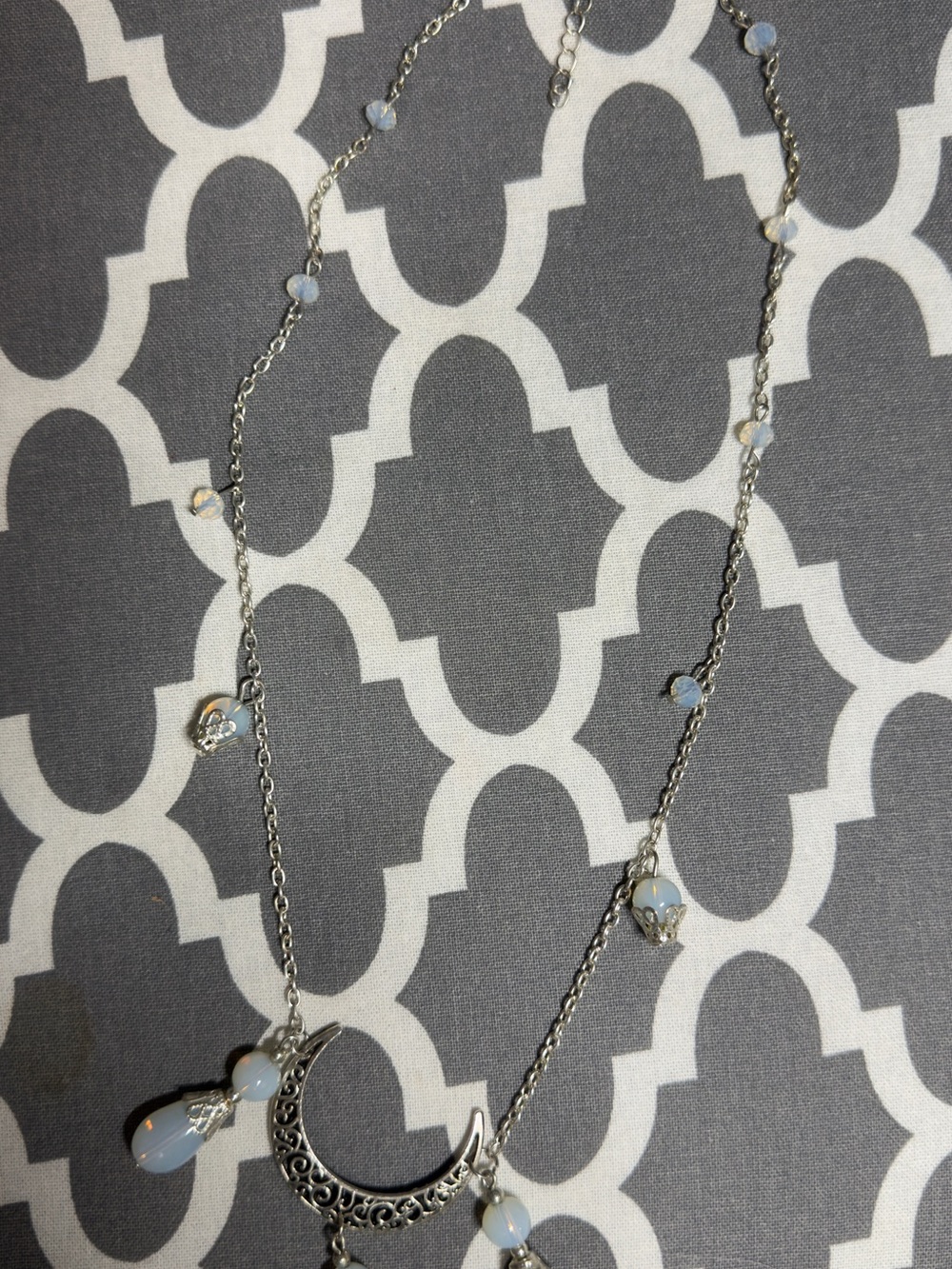 Silver Moon Necklace with Opalescent Beads